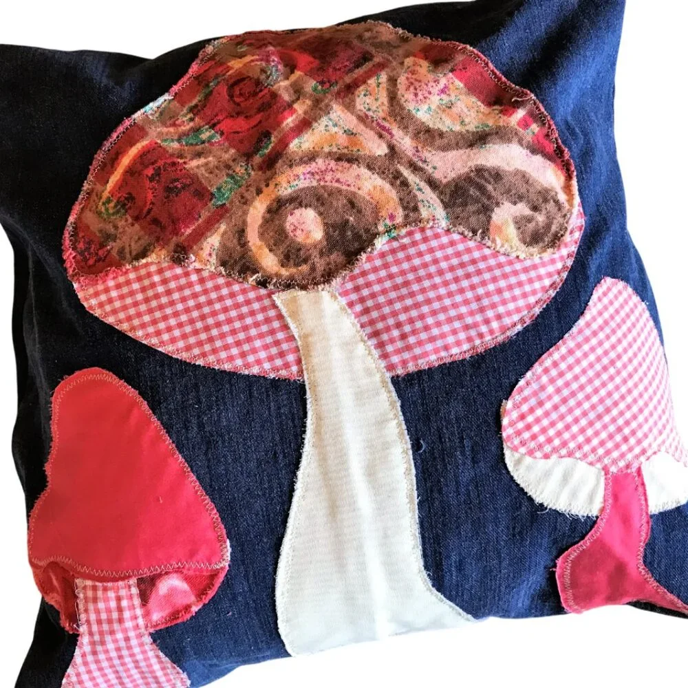 Mushroom Pillow Cover Handmade 18 x18 Whimsical Fungi Cottagecore Recycled Denim - Picture 9 of 9